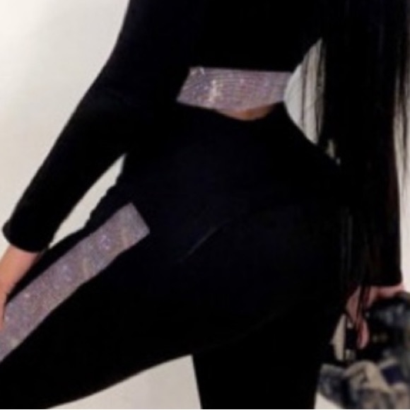 Sparkle Fabric Around Elbows & Down The Legs Long Sleeve Crop Top & Pants Outfit - Picture 3 of 4